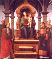 Pietro Perugino: Szűz Mária szentekkel (szent Lőrinc balról a második)